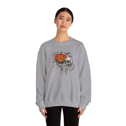 Stay Creepy Crewneck Sweatshirt, Halloween Sweater, Cozy Fall Apparel, Spooky Gift, Pumpkin Skull Design, Halloween Celebration