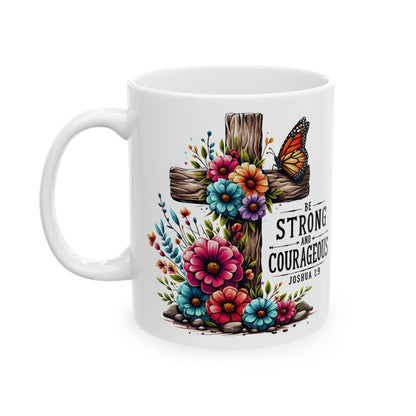 Blessed Butterfly Mug | Be Strong & Courageous Floral Ceramic Mug | Christmas Mug | Christmas Gift | Jesus Verse