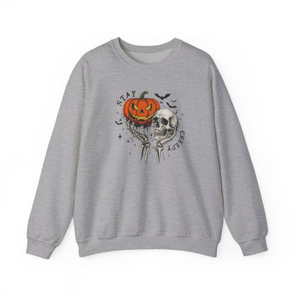 Stay Creepy Crewneck Sweatshirt, Halloween Sweater, Cozy Fall Apparel, Spooky Gift, Pumpkin Skull Design, Halloween Celebration