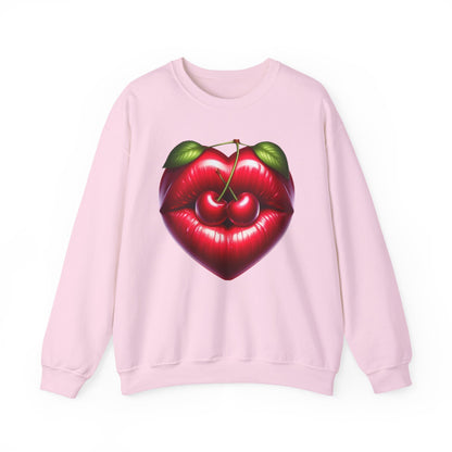 Heart Cherry Lips Sweatshirt, Cherry Face Graphic Crewneck, Cute Aesthetic Sweatshirt, Retro Pop Art Pullover, Unisex Cozy Top