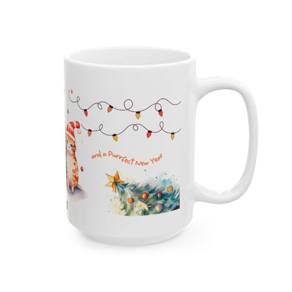 Personalized Christmas Cat Ceramic Mug, Custom Pet Lover Gift, Holiday Coffee Cup, Cute Feline Decor, Family Gift, Winter Celebration