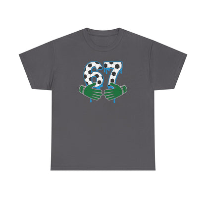 Dripping 97 Number Graphic Tee, Streetwear Checkerboard T-Shirt with Green Hands, Artsy Unisex Cotton Shirt