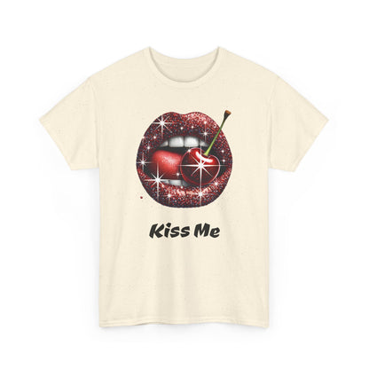Glitter Lips Cherry Kiss Me Tee, Retro Pinup Graphic Shirt, Flirty Pop Art T-Shirt, Vintage Style Cotton Tee