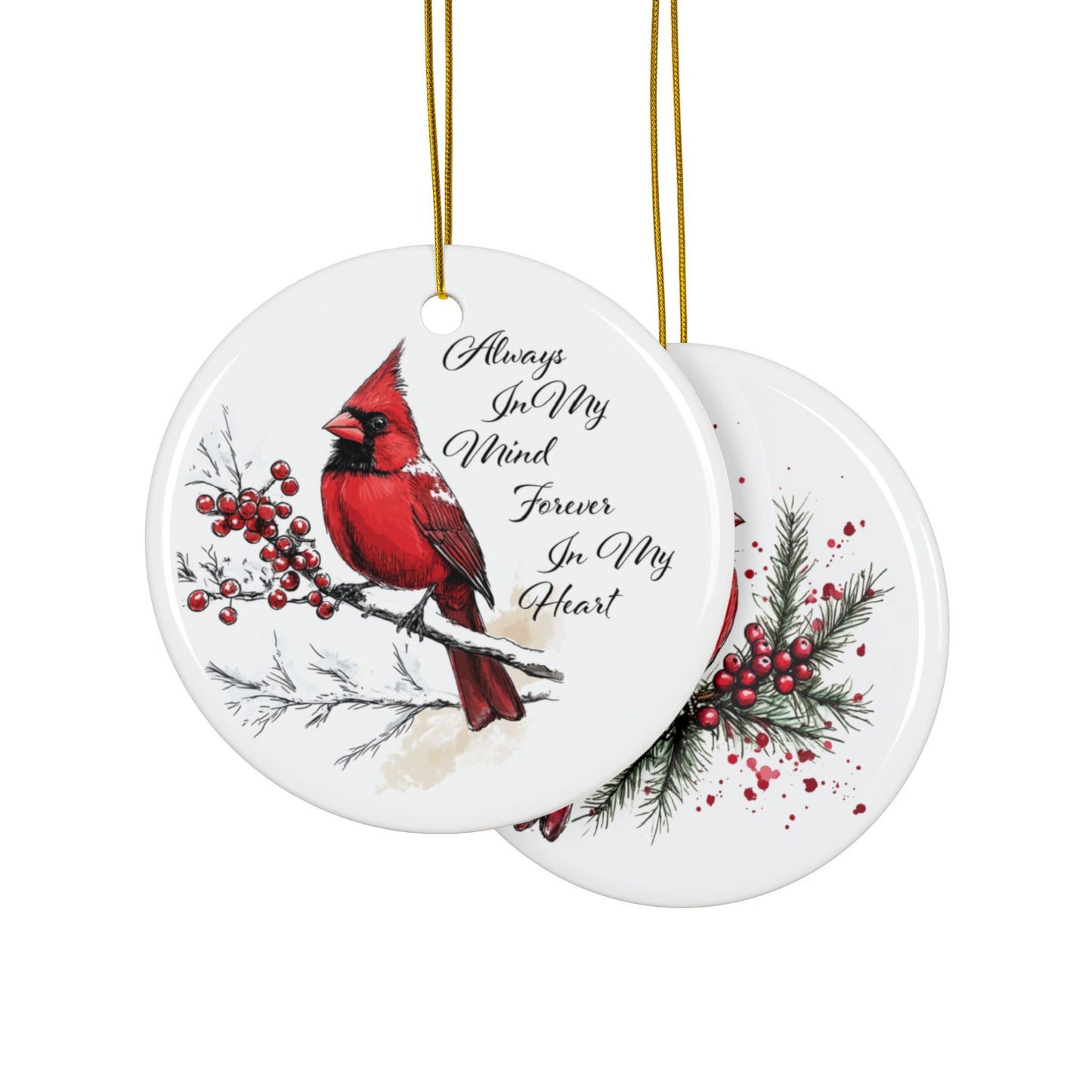 Red Cardinal Memorial Ornament, Double-Sided Ceramic Cardinal Decoration, Cardinal in Winter Ornament, Remembrance Christmas Gift