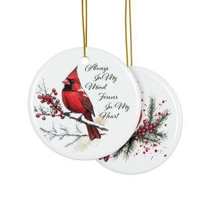 Red Cardinal Memorial Ornament, Double-Sided Ceramic Cardinal Decoration, Cardinal in Winter Ornament, Remembrance Christmas Gift