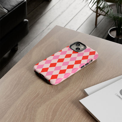 Tough Cases with Red Pink Diamonds, Retro Checkerboard iPhone Case And Samsung Case, Slim Fit Phone Case, Stylish Gift