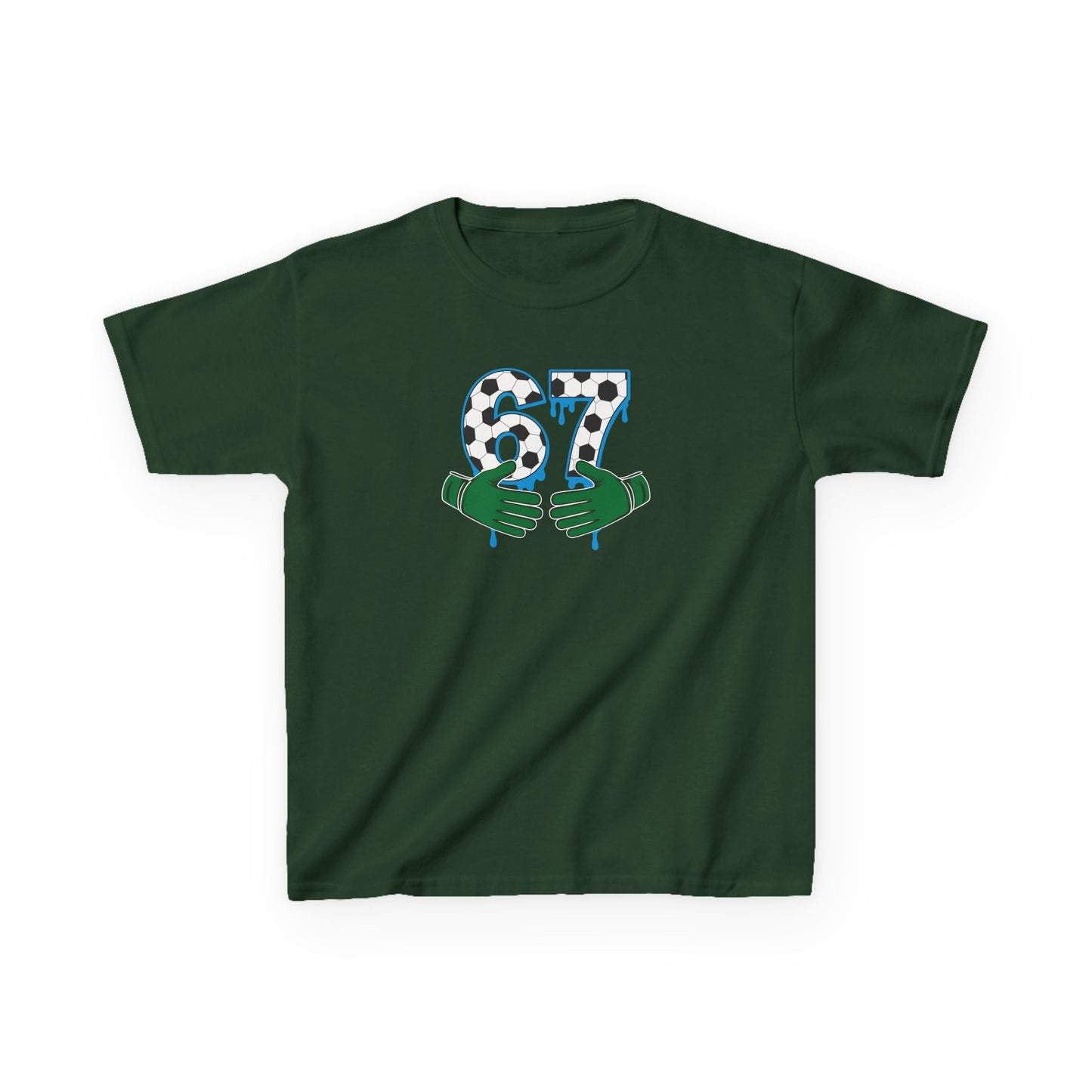 67 Number Design Kids T-Shirt, Green Hands Graphic Tee, Patterned Number Shirt for Boys Girls, Playful Kids Cotton Top, Soccer Lover Shirt