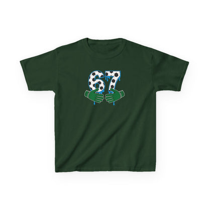 67 Number Design Kids T-Shirt, Green Hands Graphic Tee, Patterned Number Shirt for Boys Girls, Playful Kids Cotton Top, Soccer Lover Shirt