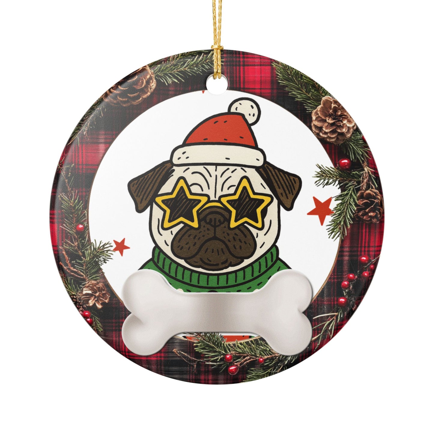 Pug in Santa Hat Ornament, Cute Pug Christmas Tree Decoration, Dog Lover Ceramic Ornament, Holiday Pet Gift, Funny Pug Xmas Decor