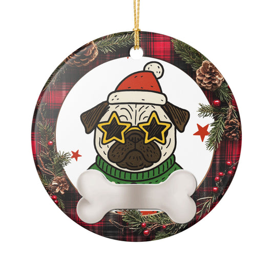 Pug in Santa Hat Ornament, Cute Pug Christmas Tree Decoration, Dog Lover Ceramic Ornament, Holiday Pet Gift, Funny Pug Xmas Decor