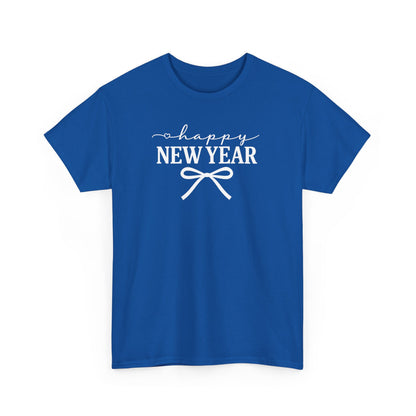Happy New Year Bow T-Shirt, Minimalist New Year Typography Tee, Holiday Graphic Shirt, New Year's Eve Outfit, Casual Festive Top