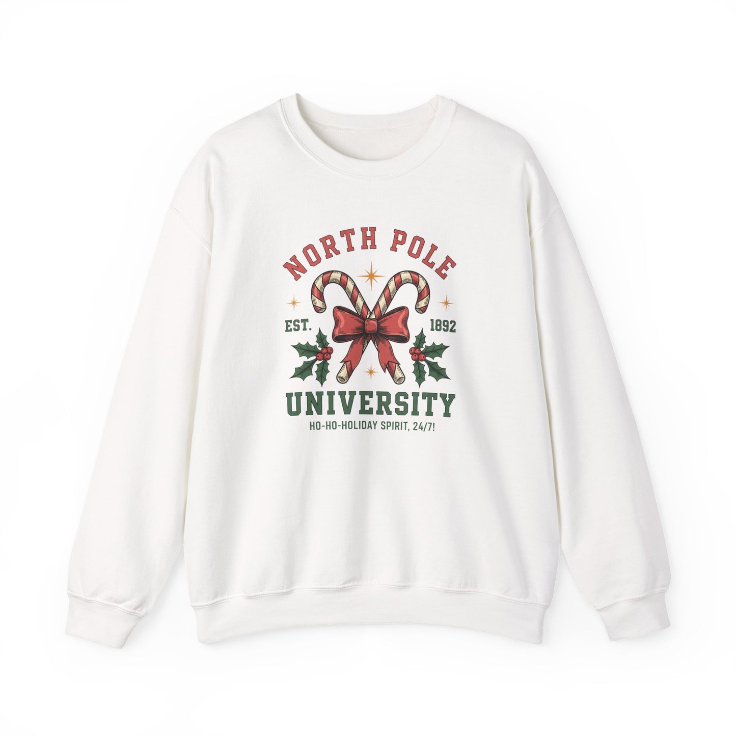 North Pole University Christmas Sweatshirt Candy Cane College Crewneck, Cute Christmas Sweater for Women, Cozy Winter Sweatshirt