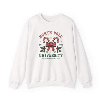 North Pole University Christmas Sweatshirt Candy Cane College Crewneck, Cute Christmas Sweater for Women, Cozy Winter Sweatshirt