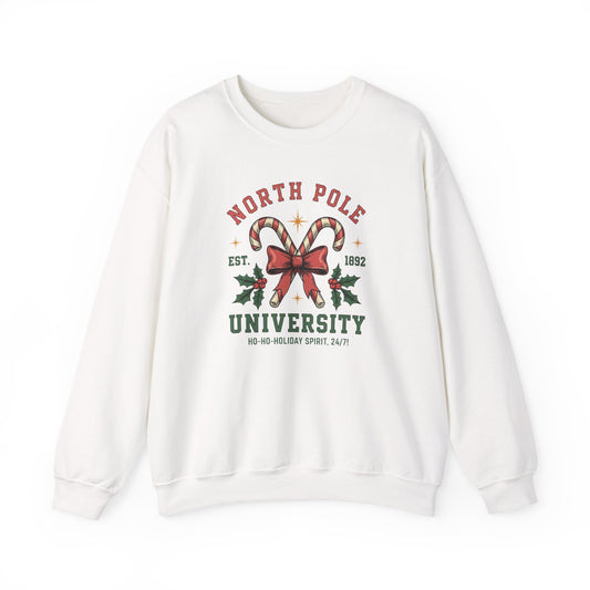 North Pole University Christmas Sweatshirt Candy Cane College Crewneck, Cute Christmas Sweater for Women, Cozy Winter Sweatshirt