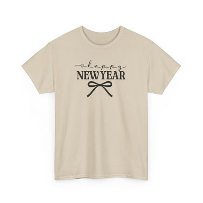 Happy New Year Bow T-Shirt, Minimalist New Year Typography Tee, Holiday Graphic Shirt, New Year's Eve Outfit, Casual Festive Top
