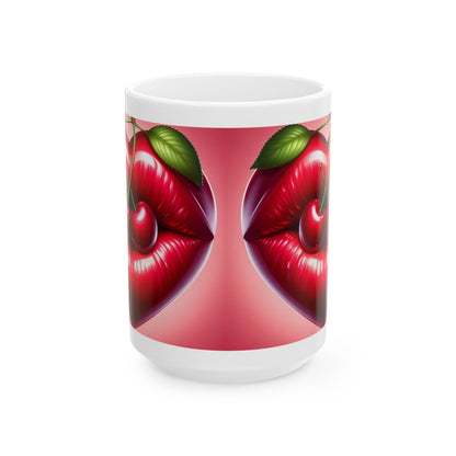 Cherry Lips Mug, Cute Retro Coffee Mug, Pop Art Ceramic Cup, Aesthetic Lips Design Mug, Gift for Coffee Lovers, 11oz 15oz