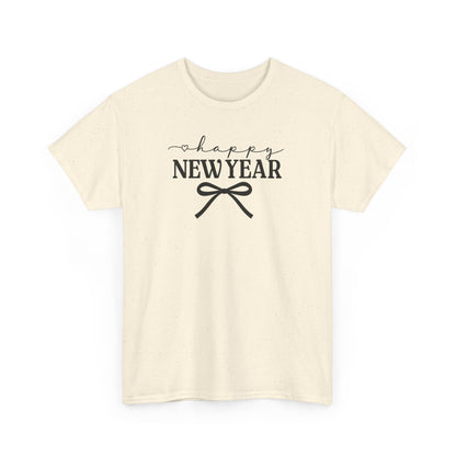 Happy New Year Bow T-Shirt, Minimalist New Year Typography Tee, Holiday Graphic Shirt, New Year's Eve Outfit, Casual Festive Top