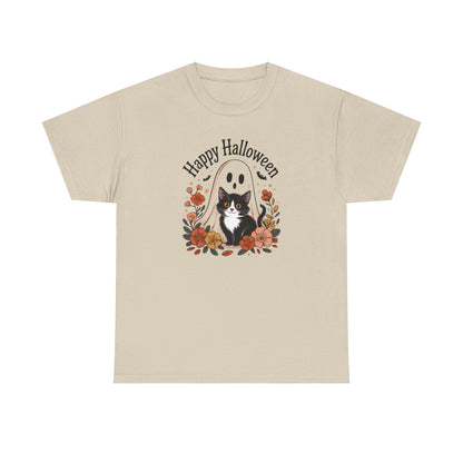 Halloween Cat & Ghost Tee, Heavy Cotton Shirt, Spooky Season Apparel, Autumn Gift, Fall Festival Outfit, Haunted House Wear