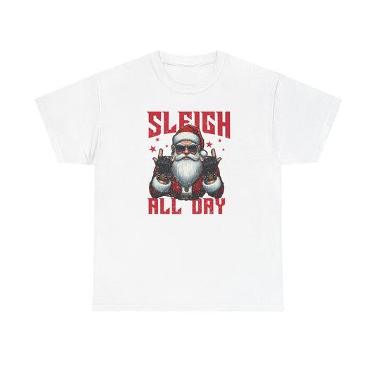 Funny Santa Sleigh All Day T-Shirt | Cool Christmas Graphic Tee | Rocker Santa Shirt | Holiday Humor Gift