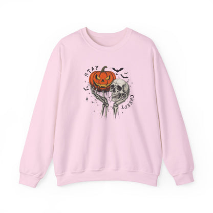 Stay Creepy Crewneck Sweatshirt, Halloween Sweater, Cozy Fall Apparel, Spooky Gift, Pumpkin Skull Design, Halloween Celebration