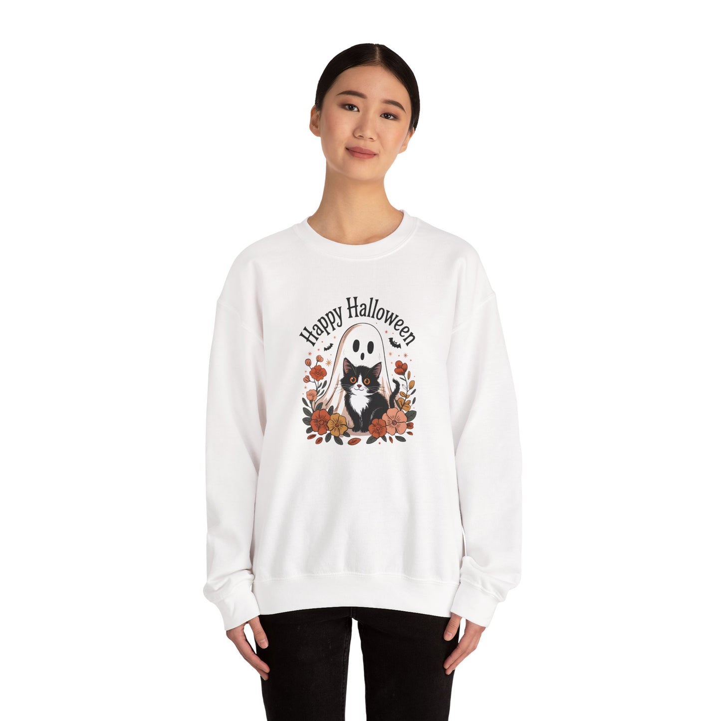 Happy Halloween Cat Crewneck Sweatshirt, Cozy Fall Sweatshirt, Halloween Gift, Fall Fashion, Gift for Her, Spooky Season Apparel