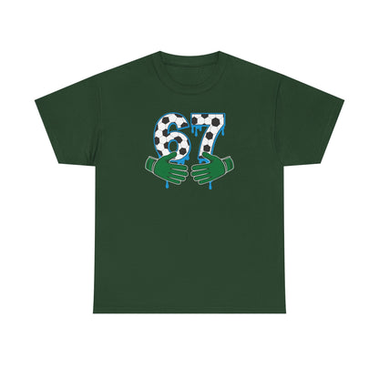 Dripping 97 Number Graphic Tee, Streetwear Checkerboard T-Shirt with Green Hands, Artsy Unisex Cotton Shirt