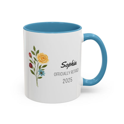 Personalized Retirement Coffee Mug, Floral Design, Gift for Retirees, Custom Name Mug, Celebration Drinkware, Retirement Day Gift