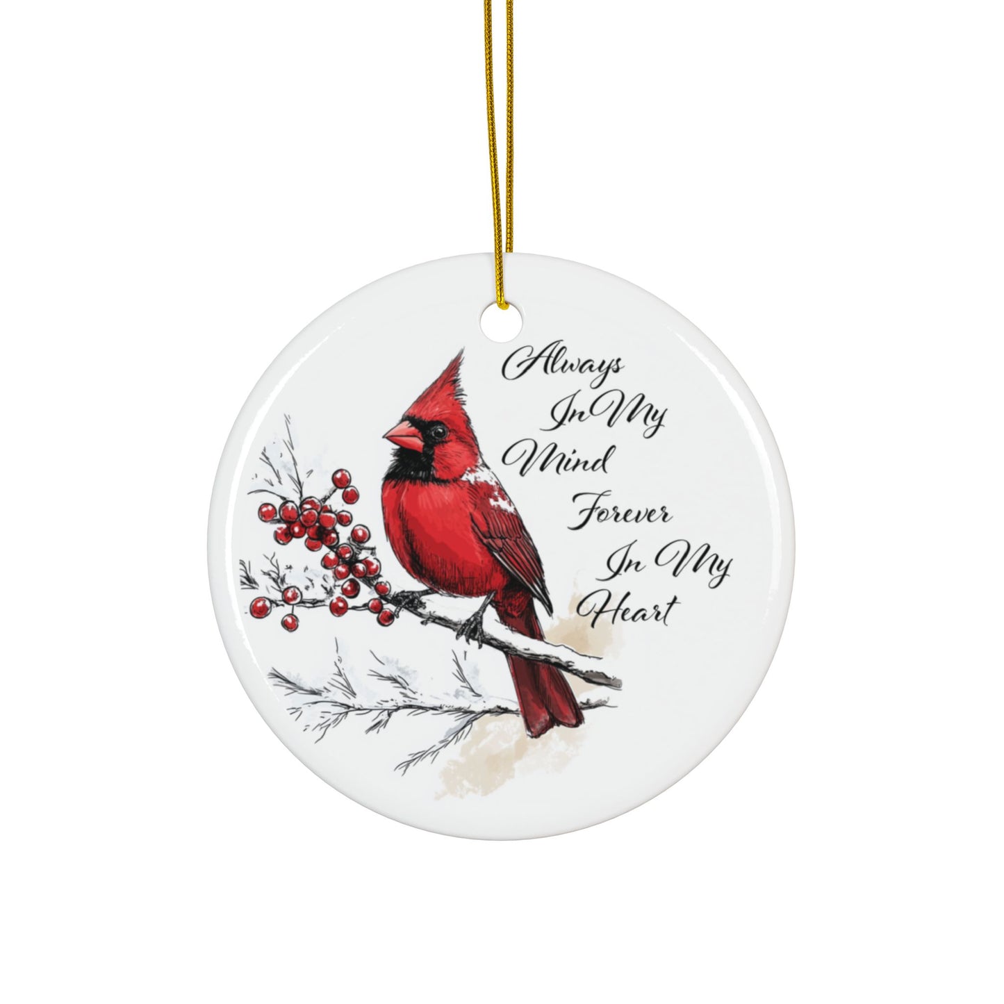 Red Cardinal Memorial Ornament, Double-Sided Ceramic Cardinal Decoration, Cardinal in Winter Ornament, Remembrance Christmas Gift