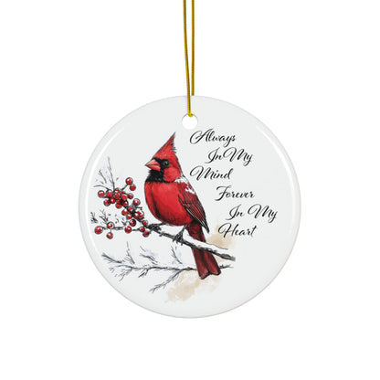 Red Cardinal Memorial Ornament, Double-Sided Ceramic Cardinal Decoration, Cardinal in Winter Ornament, Remembrance Christmas Gift