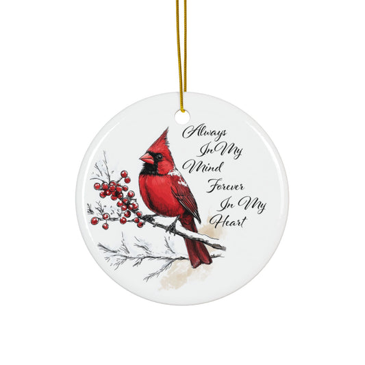 Red Cardinal Memorial Ornament, Double-Sided Ceramic Cardinal Decoration, Cardinal in Winter Ornament, Remembrance Christmas Gift