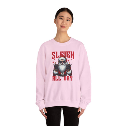 Funny Santa Sleigh All Day Sweatshirt | Rocker Santa Christmas Sweater | Funny Holiday Sweatshirt | Cozy Unisex Christmas Gift