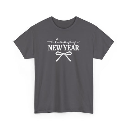 Happy New Year Bow T-Shirt, Minimalist New Year Typography Tee, Holiday Graphic Shirt, New Year's Eve Outfit, Casual Festive Top
