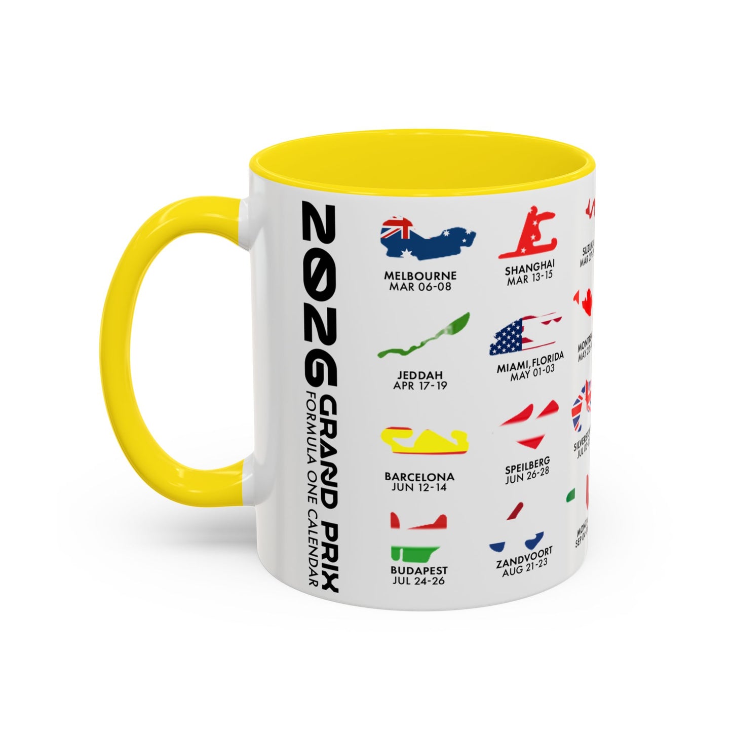 2026 Grand Prix Calendar Mug, Formula 1 Accent Coffee Mug, F1 Circuit Icons Cup, Motorsport Fan Gift, Racing Calendar Ceramic Mug
