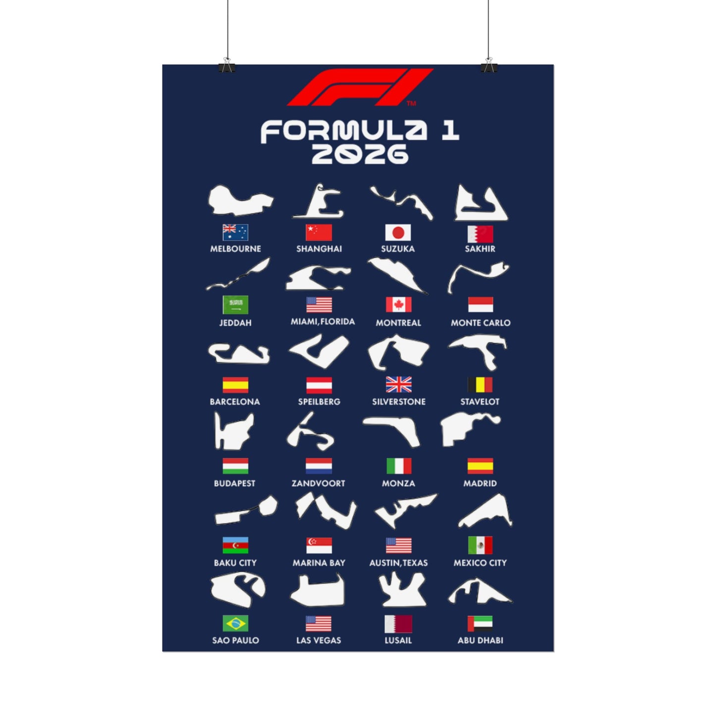 Formula 1 2026 Track Silhouettes Poster, F1 Circuits Map Wall Art, Grand Prix Calendar Print, Motorsport Racing Decor, Rolled Poster