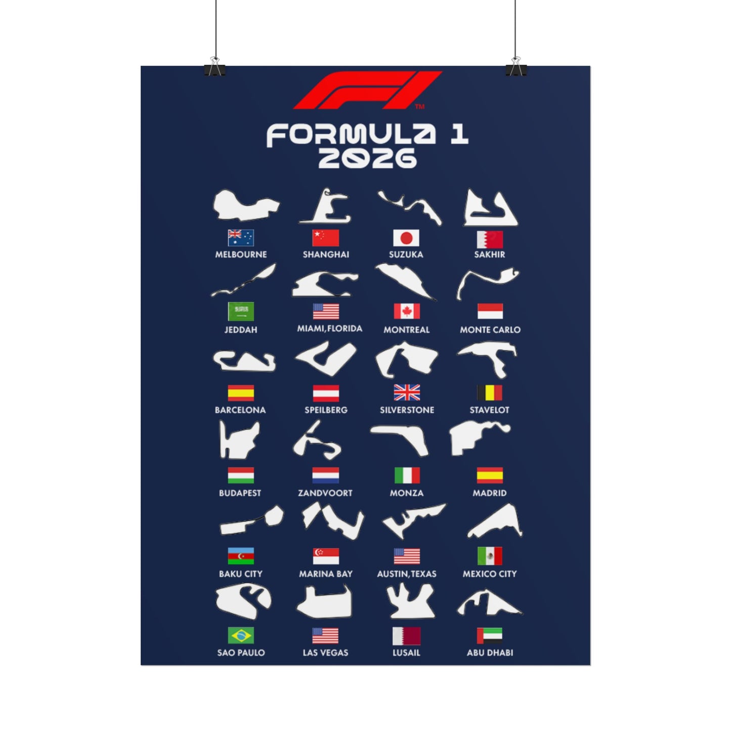 Formula 1 2026 Track Silhouettes Poster, F1 Circuits Map Wall Art, Grand Prix Calendar Print, Motorsport Racing Decor, Rolled Poster