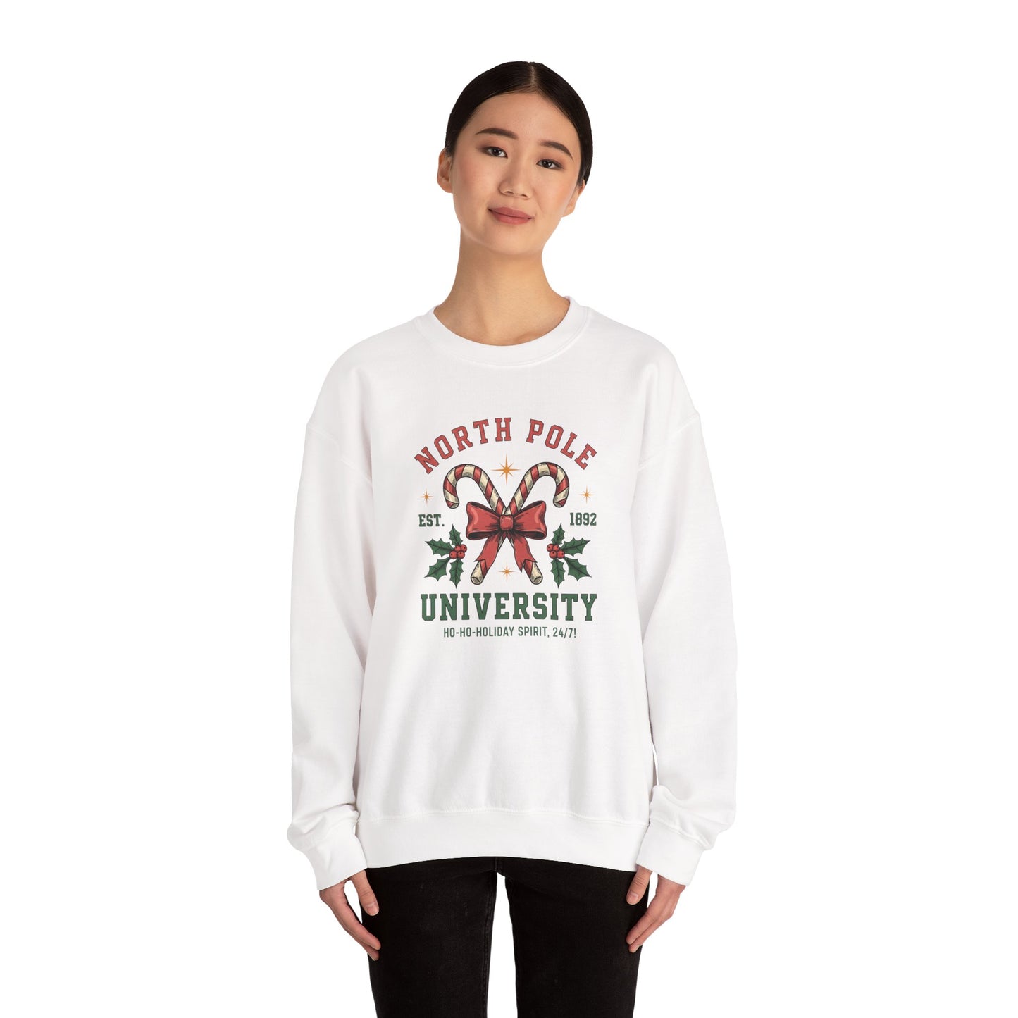 North Pole University Christmas Sweatshirt Candy Cane College Crewneck, Cute Christmas Sweater for Women, Cozy Winter Sweatshirt