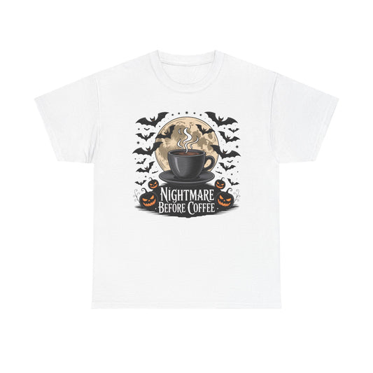Halloween Coffee Tee, Unisex Heavy Cotton T-Shirt, Nightmare Before Coffee Shirt, Spooky Graphic Tee, Fall Seasonal Apparel