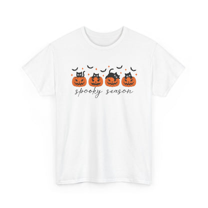 Spooky Season Unisex Heavy Cotton Tee, Halloween Shirt, Fall Apparel, Pumpkin T-Shirt, Cat Lover Gift, Pumpkin Tee