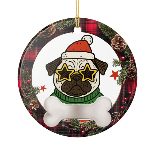 Pug in Santa Hat Ornament, Cute Pug Christmas Tree Decoration, Dog Lover Ceramic Ornament, Holiday Pet Gift, Funny Pug Xmas Decor