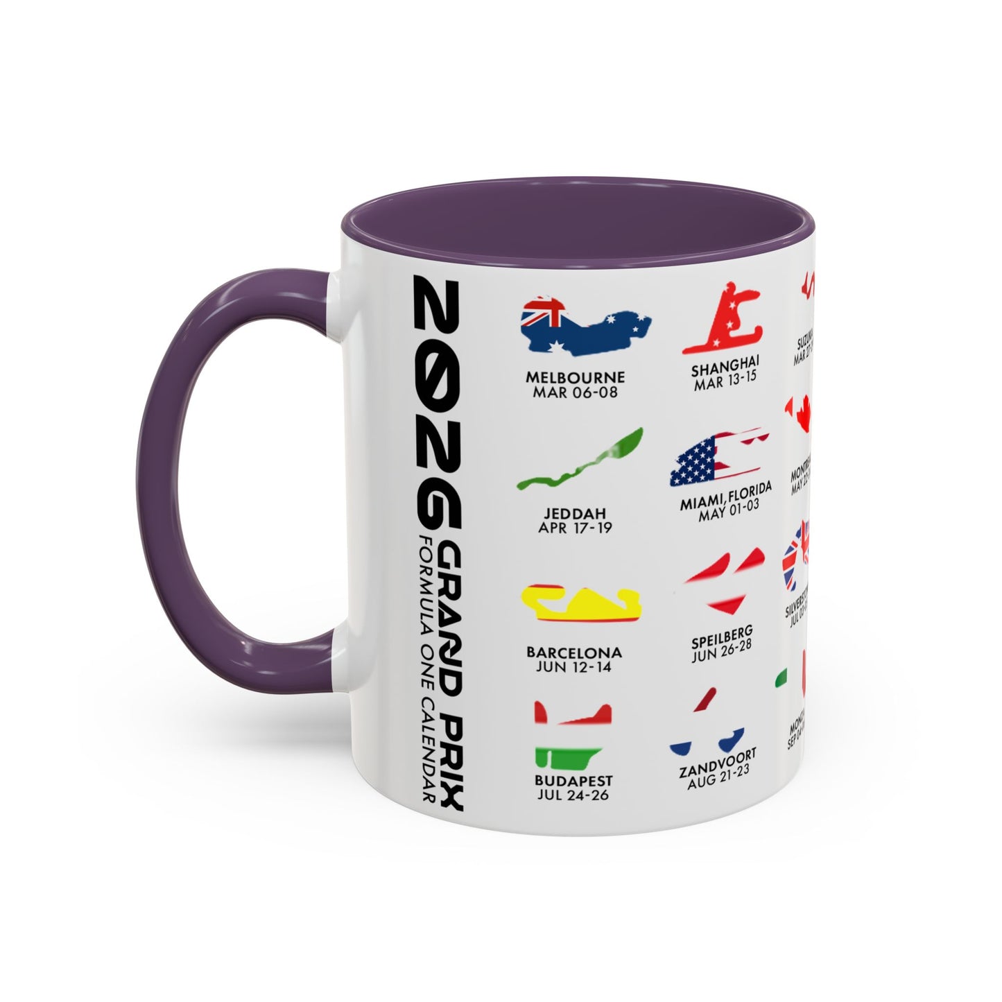 2026 Grand Prix Calendar Mug, Formula 1 Accent Coffee Mug, F1 Circuit Icons Cup, Motorsport Fan Gift, Racing Calendar Ceramic Mug