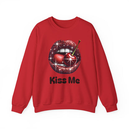 Cherry Kiss Me Sweatshirt, Glitter Lips Cherry Graphic Crewneck, Retro Pop Art Sweatshirt, Cute Flirty Pullover, Unisex Cozy Top