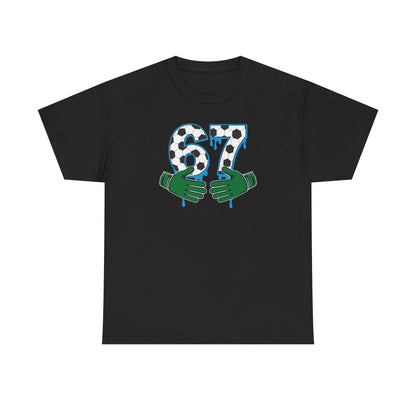 Dripping 97 Number Graphic Tee, Streetwear Checkerboard T-Shirt with Green Hands, Artsy Unisex Cotton Shirt