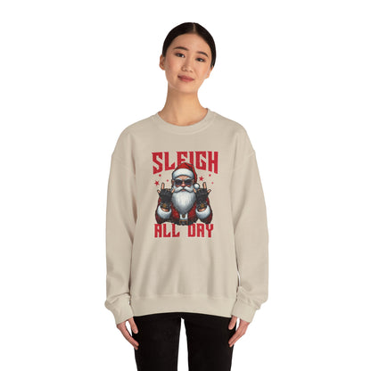Funny Santa Sleigh All Day Sweatshirt | Rocker Santa Christmas Sweater | Funny Holiday Sweatshirt | Cozy Unisex Christmas Gift