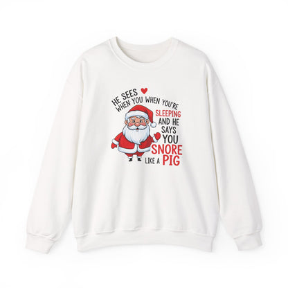 Funny Santa Christmas Sweatshirt He Sees When You are Sleeping and He Says You Snore Like a Pig |Holiday Humor Crewneck |Cozy Christmas Gift