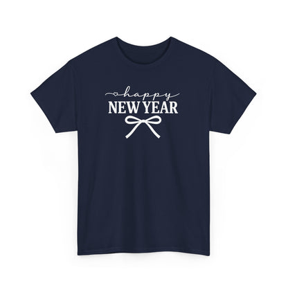 Happy New Year Bow T-Shirt, Minimalist New Year Typography Tee, Holiday Graphic Shirt, New Year's Eve Outfit, Casual Festive Top