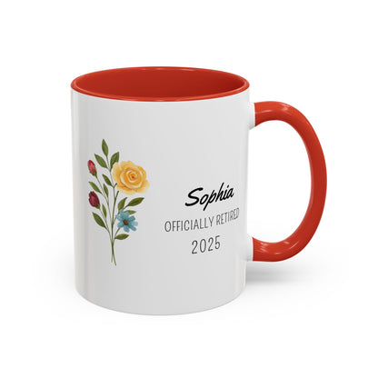 Personalized Retirement Coffee Mug, Floral Design, Gift for Retirees, Custom Name Mug, Celebration Drinkware, Retirement Day Gift