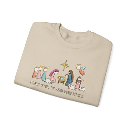 A Thrill Of Hope, the Weary World Rejoices Nativity Scene Illustration Crewneck Sweatshirt | Minimal Christmas