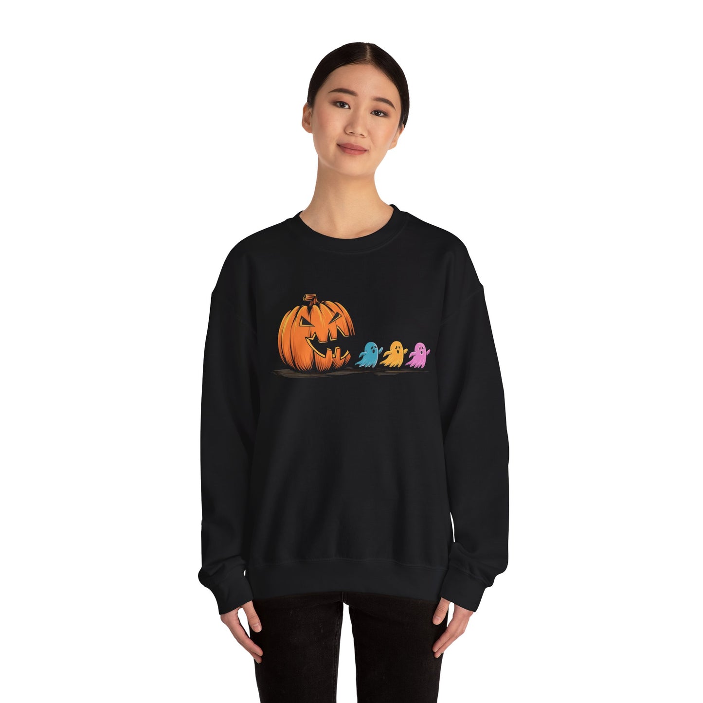 Halloween Ghost & Pumpkin Crewneck Sweatshirt, Unisex Fall Apparel, Cozy Sweatshirt, Halloween Gift, Seasonal Fashion