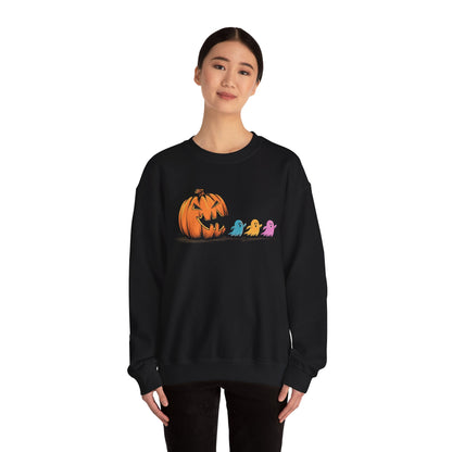 Halloween Ghost & Pumpkin Crewneck Sweatshirt, Unisex Fall Apparel, Cozy Sweatshirt, Halloween Gift, Seasonal Fashion