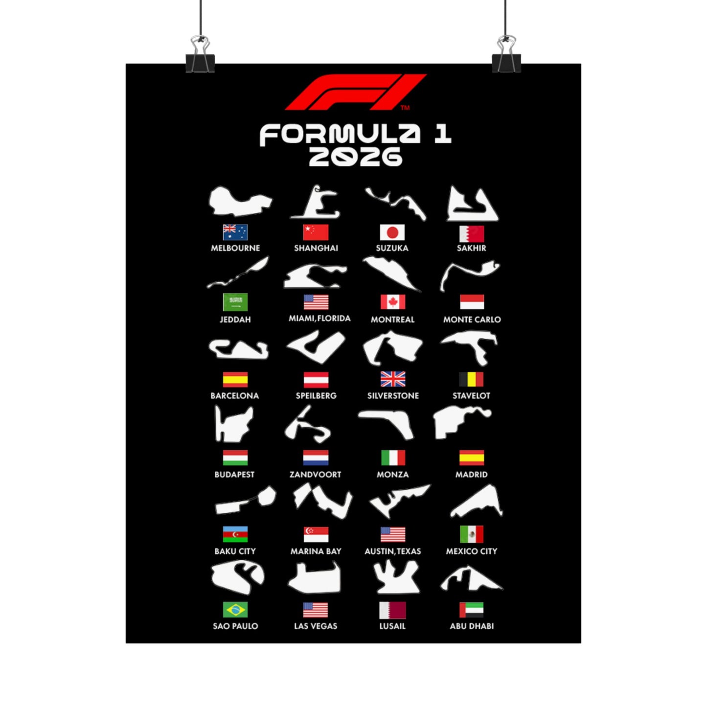 Formula 1 2026 Track Map Poster, F1 Circuits Silhouette Wall Art, Motorsport Racing Print, Racing Fan Gift, Garage Decor